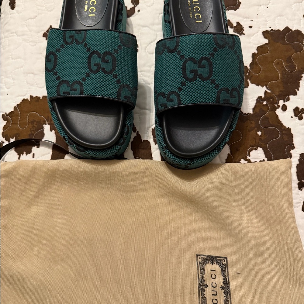 Gucci Teal Monogram Slide Sandals